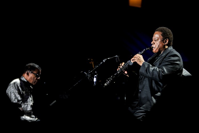 OSAKA, JAPAN - APRIL 30:  Herbie Hancock (L) and Wayne Shorter perform on stage at the 2014 International Jazz Day Global Concert on April 30, 2014 in Osaka, Japan.  (Photo by Keith Tsuji/Getty Images for Thelonious Monk Institute of Jazz)